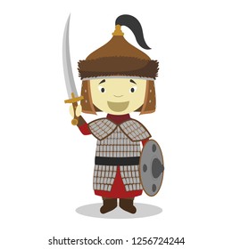 Mongolian warrior cartoon character. Vector Illustration. Kids History Collection.
