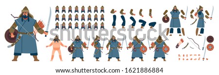 Mongolian warrior character creation for animation. Ancient nomad Warrior Cartoon vector illustration isolated on white background. Front, side, back, various views, face emotions, poses and gestures.