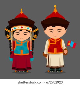Mongols in national dress with a flag. Man and woman in traditional costume. Travel to Mongolia. People. Vector flat illustration.