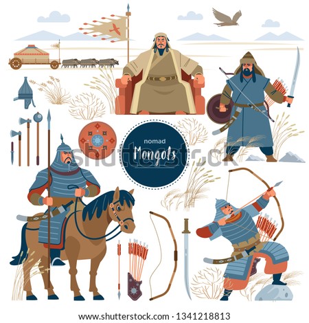 The Mongols. Set mongol nomad warriors flat characters. warriors, khan; sword; armor; genghis; steppe; shield; army; horse; arrow; rider; archer; horde; bow; emperor; yurt, bull, eagle. Flat style