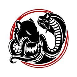 Mongoose and cobra round icon on white background.