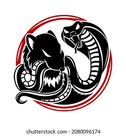 Mongoose and cobra round icon on white background.