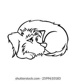 Mongrel dog lying curled up, line coloring page vector