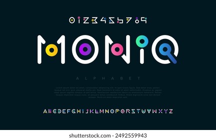 Moniq creative modern urban alphabet font. Digital abstract futuristic, game, techno, robot, music, logo, sport, minimal technology typography. Simple numeric vector illustration