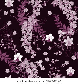 Monitone flower pattern on dark purple Motifs scattered random. Seamless vector texture. For fashion prints in hand drawn style bergundy background.
