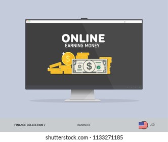 Monitor with 1 US Dollar Banknote. Flat style vector illustration. Finance concept.
