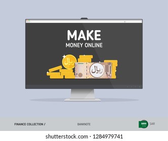 Monitor with 10 Saudi Arabia Riyal. Flat style vector illustration. Finance concept. 