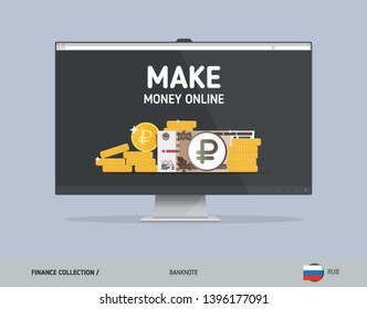 Monitor with 100 Russian Ruble banknote. Flat style vector illustration. Finance concept.