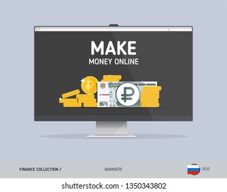 Monitor with 1000 Russian Ruble banknote. Flat style vector illustration. Finance concept.