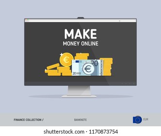 Monitor with 20 Euro Banknote. Flat style vector illustration. Finance concept.
