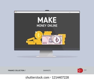 Monitor with 200 Turkish Lira Banknote. Flat style vector illustration. Finance concept.