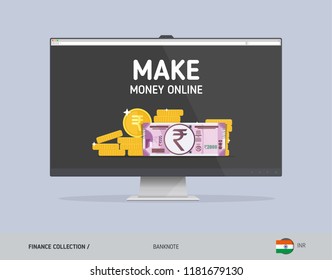 Monitor with 2000 Indian Rupee Banknote. Flat style vector illustration. Finance concept.