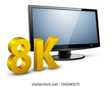 Monitor 3D icon with 8K display resolution symbol, vector new technology concept.
