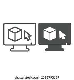 Monitor with 3D square and cursor pointer line and solid icon, architect studio concept. Vector graphics. Display with 3D program sign on white background, outline style icon for mobile or web design