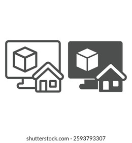 Monitor with 3D square and house line and solid icon, architect studio concept. Vector graphics. Display with 3D building program sign on white background, outline style icon for mobile or web design