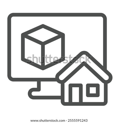 Monitor with 3D square and house line icon, architect studio concept. Vector graphics. Display with 3D building program sign on white background, outline style icon for mobile or web design