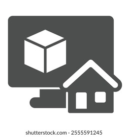 Monitor with 3D square and house solid icon, architect studio concept. Vector graphics. Display with 3D building program sign on white background, glyph style icon for mobile or web design