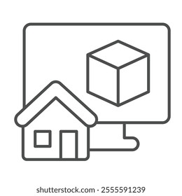 Monitor with 3D square and house thin line icon, architect studio concept. Vector graphics. Display with 3D building program sign on white background, outline style icon for mobile or web design
