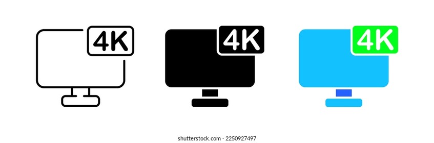 Monitor 4k icons set. Screen, display, high resolution, characteristics, gadgets, peripherals, visualization, pixels, media. Technology concept. Vector line icon in different styles