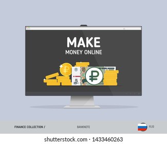 Monitor with 5 Russian Ruble banknote. Flat style vector illustration. Finance concept.