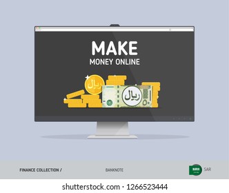 Monitor with 50 Saudi Arabia Riyal. Flat style vector illustration. Finance concept.