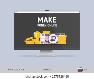 Monitor with 500 Russian Ruble banknote. Flat style vector illustration. Finance concept.