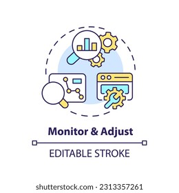 Monitor and adjust concept icon. Marketing analysis. Data analytics. Seo optimization. Track performance abstract idea thin line illustration. Isolated outline drawing. Editable stroke