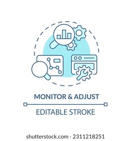 Monitor and adjust turquoise concept icon. Marketing analysis. Data analytics. Seo strategy. Track performance abstract idea thin line illustration. Isolated outline drawing. Editable stroke