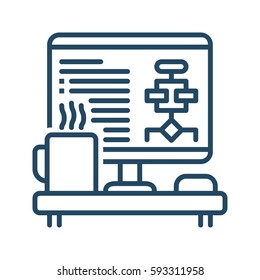 Monitor with Algorithm on the Screen, Computer Mouse and Cup on the Table vector icon in meaning Workplace