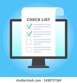 Monitor or All in one pc flat design with paper sheet with check marks tick  popped above the screen icon signs vector illustration. Technology concept of online survey isolated on blue background.