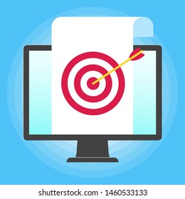 Monitor or All in one pc flat design with paper sheet and target icon with arrow  popped above the screen icon signs vector illustration. Technology concept of targeting isolated on blue background.