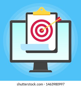 Monitor or All in one pc flat design with clipboard and target icon with arrow  popped above the screen icon signs vector illustration. Technology concept of targeting isolated on blue background.