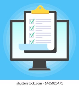 Monitor or All in one pc flat design with clipboard and check marks tick popped above the screen icon signs vector illustration. Technology concept of online survey isolated on blue background.