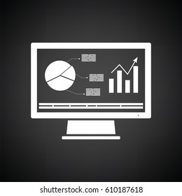Monitor with analytics diagram icon. Black background with white. Vector illustration.
