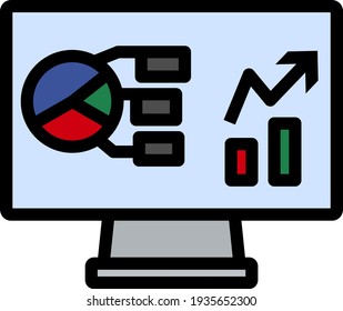 Monitor With Analytics Diagram Icon. Editable Thick Outline With Color Fill Design. Vector Illustration.
