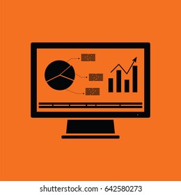 Monitor with analytics diagram icon. Orange background with black. Vector illustration.