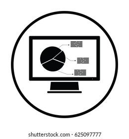 Monitor with analytics diagram icon. Thin circle design. Vector illustration.