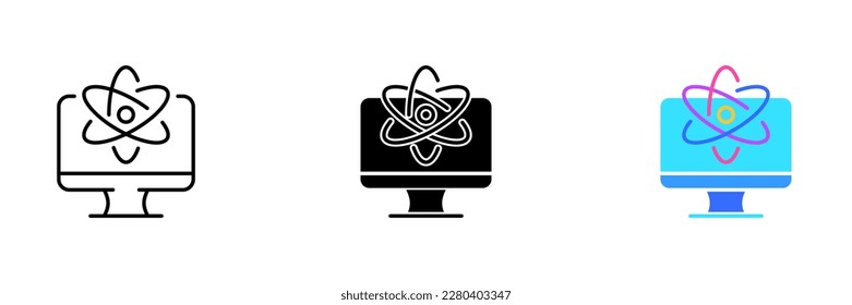 A monitor with an atom sign. Vector set of icons in line, black and colorful styles isolated.