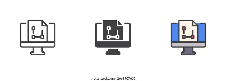 Monitor with Bezier curve document in different style icon set. Line, solid and filled outline versions. Color vector sign and symbol for path editing and vector tools icon.