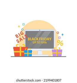 Monitor with black friday onscreen and gift box cartoon illustration