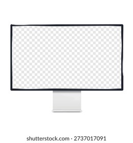 Monitor with blank transparent screen isolated on white background. Front view. Vector mockup. Empty LCD digital display on metallic stand. Realistic 3d mock-up. Template for design. Easy editable