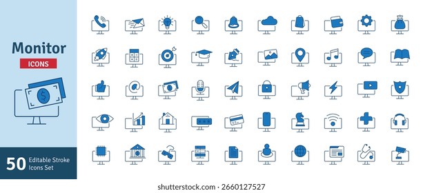 Monitor Blau bearbeitbare Strichsymbole gesetzt. PC, Computerfunktionen, Einstellungen, Technologie, Sicherheit, Einkauf, Geldbörse, Marketing, Werbung, Kommunikationssammlung, Vektorgrafik.