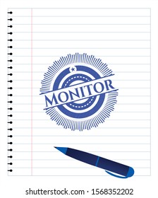 Monitor blue ink pen emblem. Vector Illustration. Detailed.