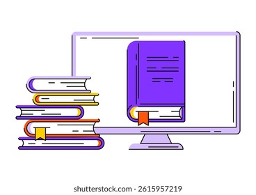 Monitor con libros. Concepto de Biblioteca digital.