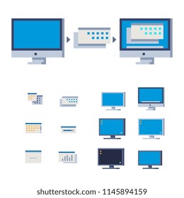 Monitor and browser window pixel art flat style icon. Computer, display and ps. 8-bit sprite. Isolated vector illustration. Element design for mobile app, web, sticker, logo.