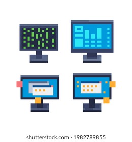 Monitor and browser window with video player flat style icons set. Pixel art. Computer, display, ps. 8-bit sprite. Isolated vector illustration.  Element design for mobile app, web, sticker, logo.