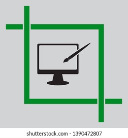 Monitor with brush sign. Black icon inside green crop tool at light gray background