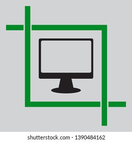 Monitor with brush sign. Black icon inside green crop tool at light gray background