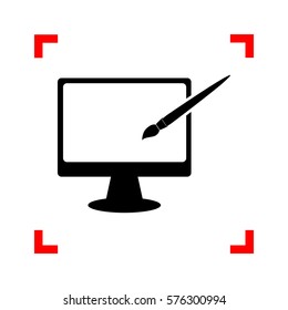 Monitor with brush sign. Black icon in focus corners on white background. Isolated.