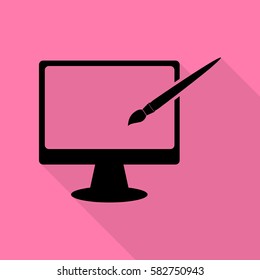 Monitor with brush sign. Black icon with flat style shadow path on pink background.